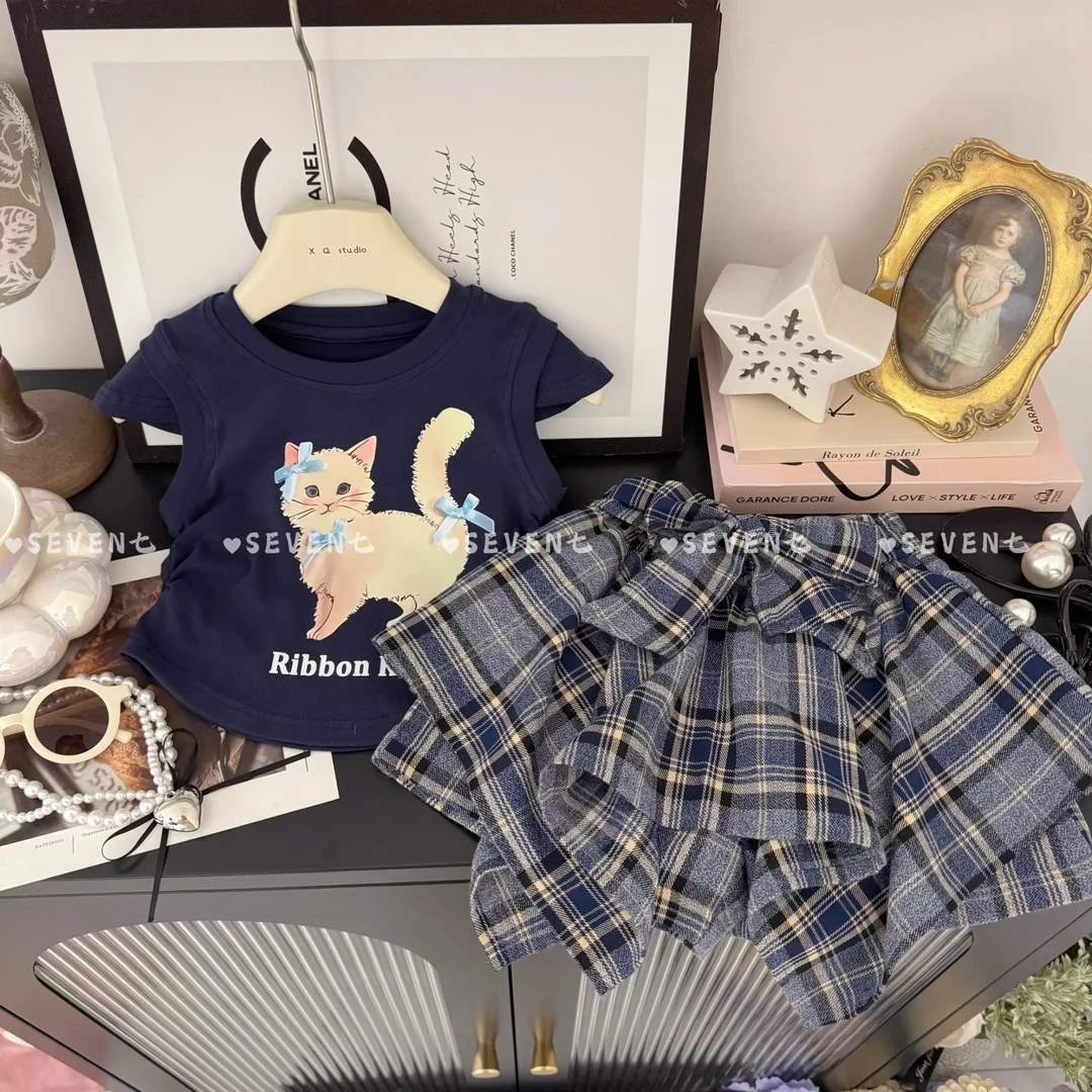 女童韩版13025夏季女童卡通T恤背心假两件格子不规则裙裤两件套潮