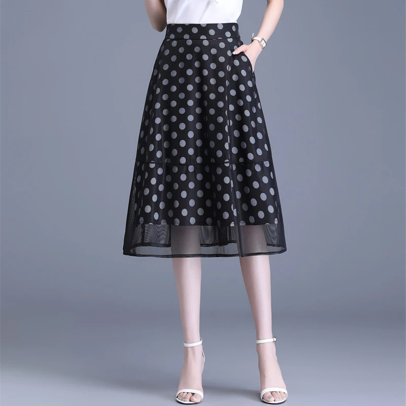 黑色波点网纱半身裙女夏季薄款2025新款a字中长款蓬蓬伞裙子