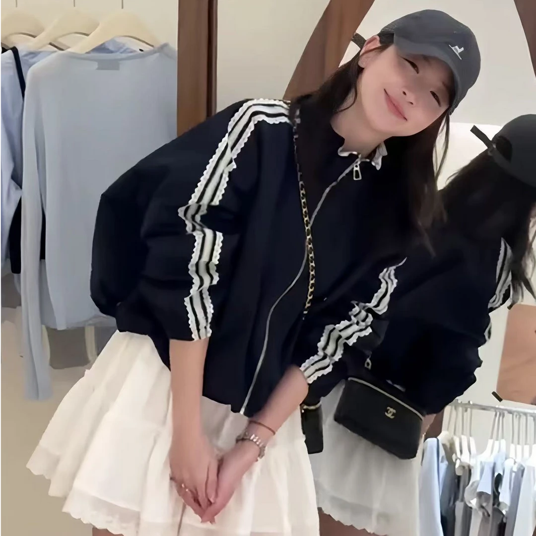设计感时尚蕾丝花边拼接立领夹克外套女2025春季休闲宽松棒球服潮