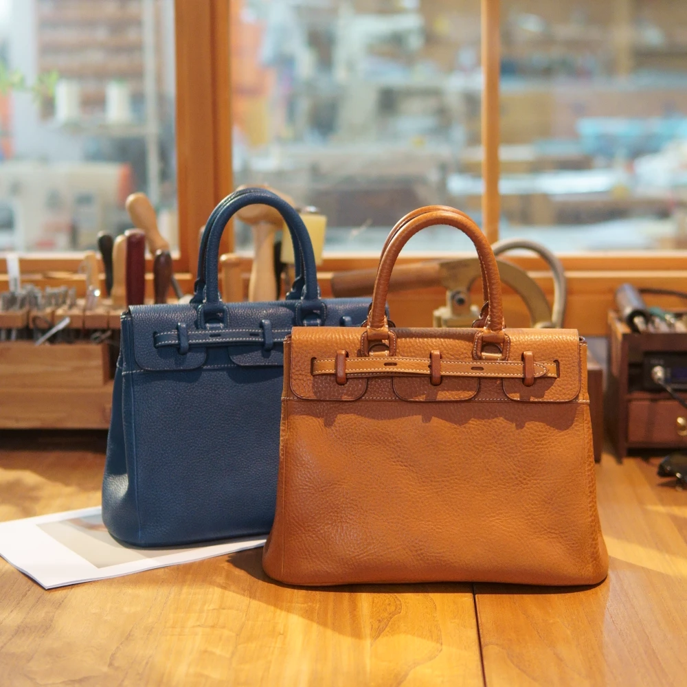 美皮匠铂金包头层植鞣MBOX牛皮通勤休闲手提包高定复古手工包高级