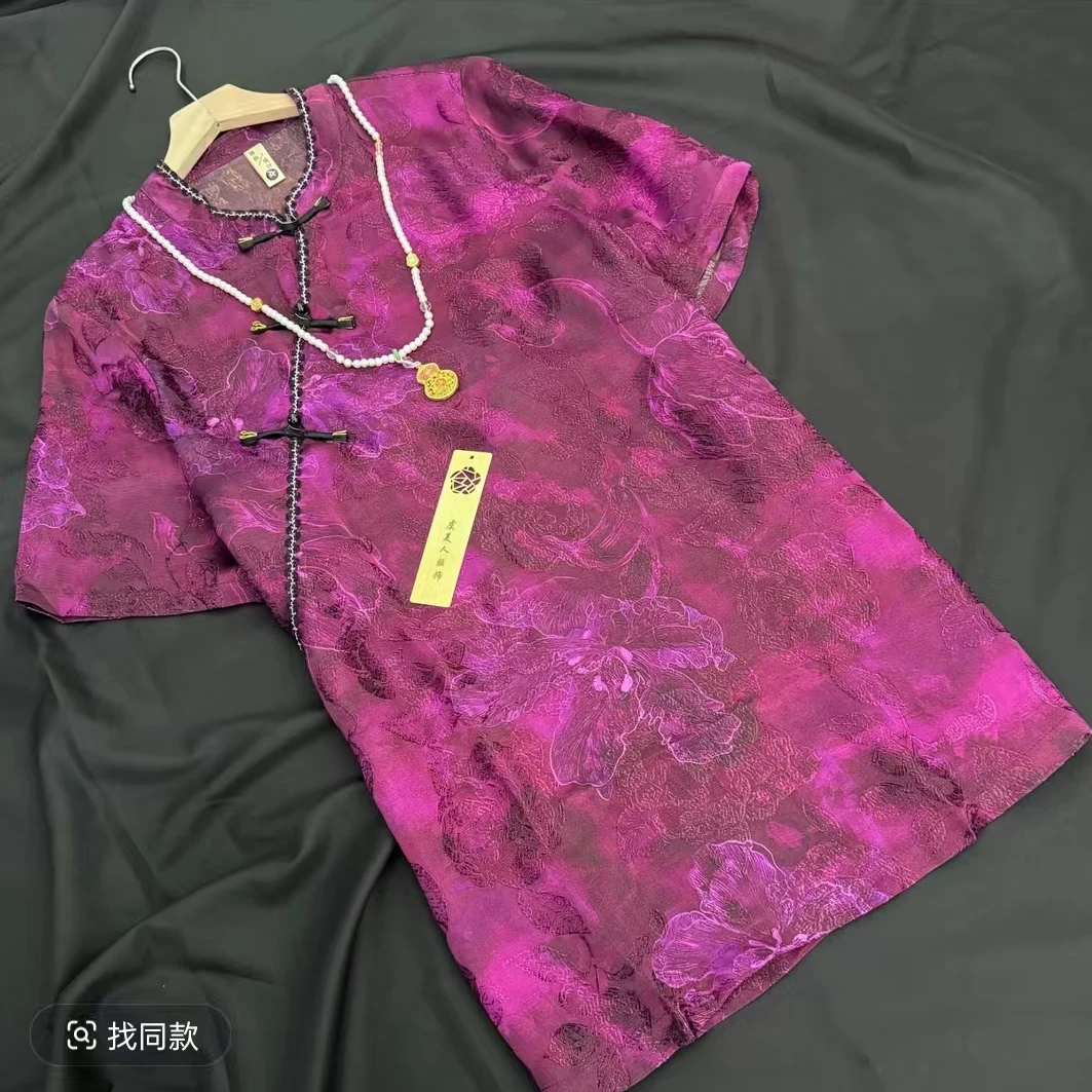 新中式圆领复古提花琉璃扣斜门襟短袖衣衫2025夏季新款 379