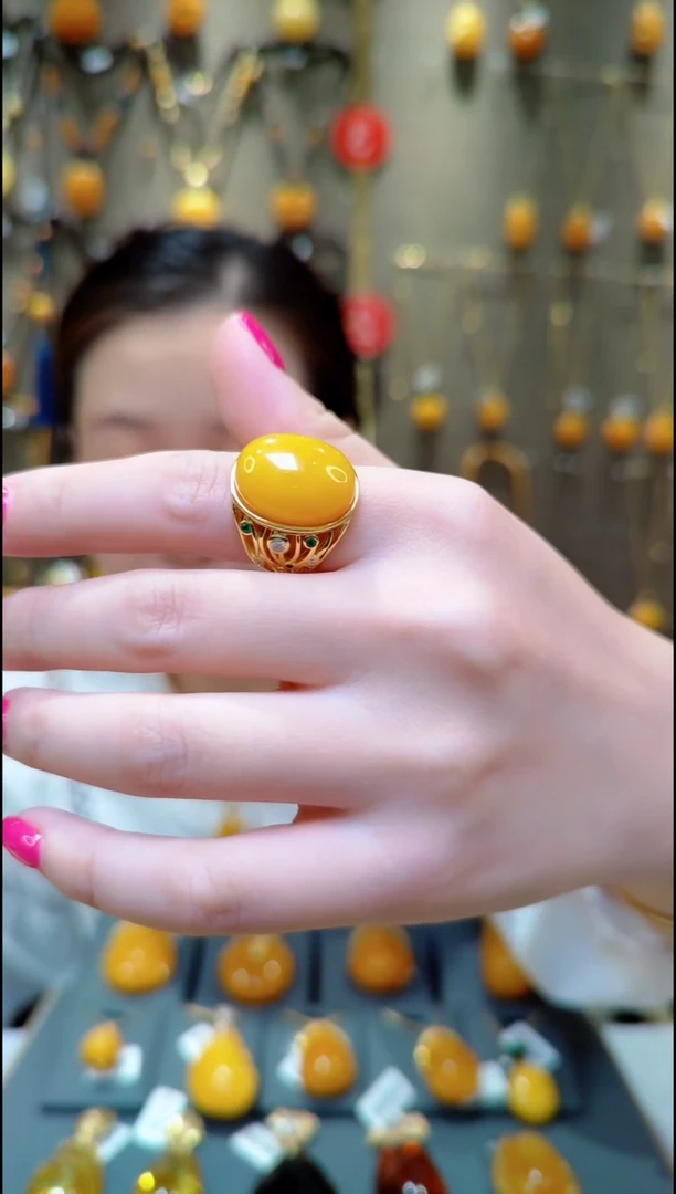 蜜蜡银S925镀金镶嵌戒指﹣E559蜜蜡戒指