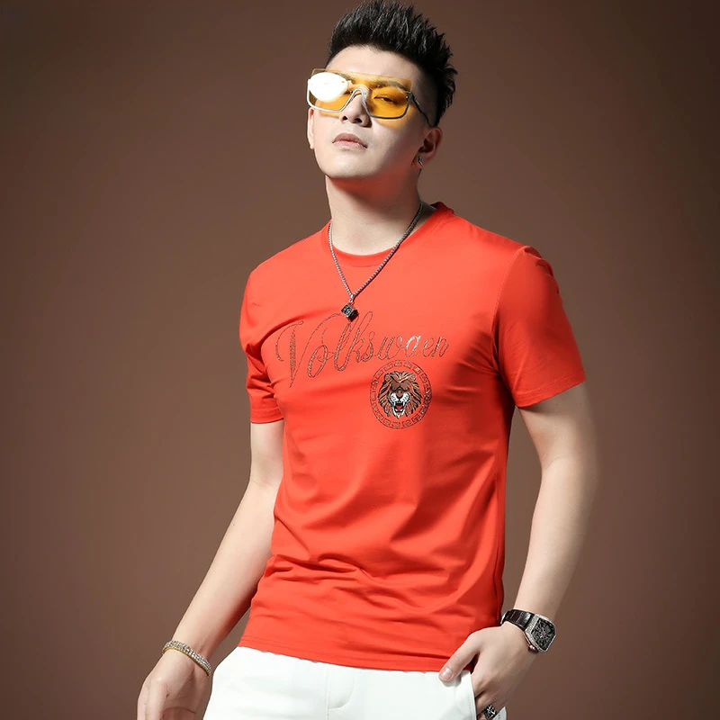冰感十足橙色烫钻短袖T恤男士男式潮牌夏季新款男士夏季短袖t恤
