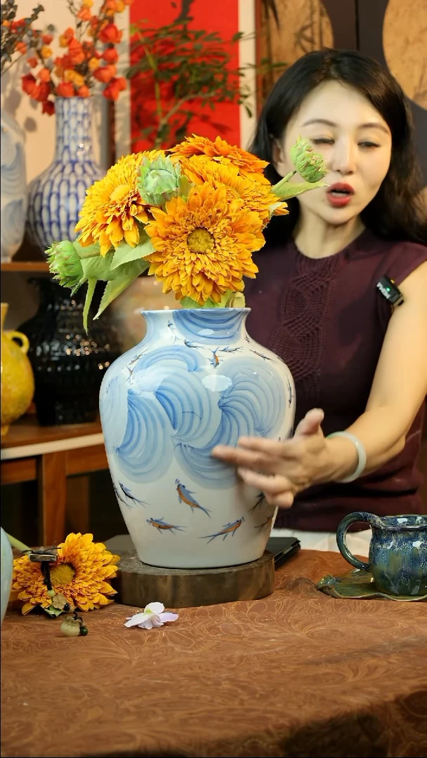 瓶景德镇手绘描金系列小鱼儿花器