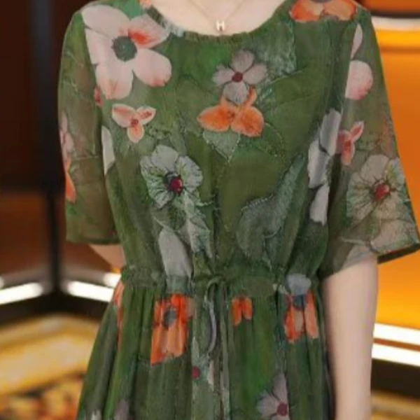 2025新款宽松遮肉过膝长裙子碎花短袖连衣裙女春夏季663-03