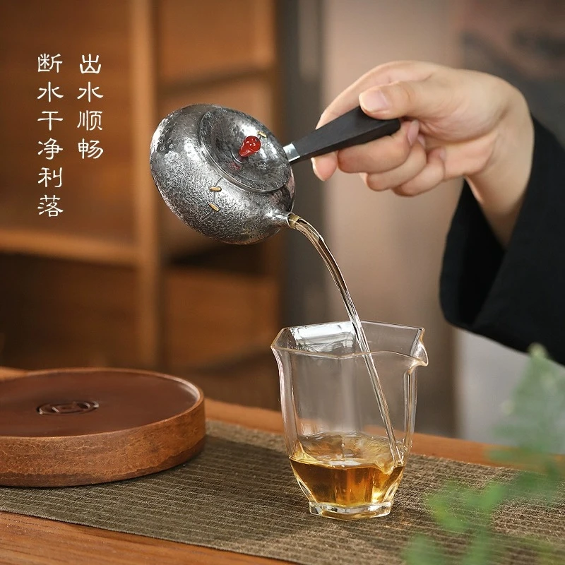 侧把银壶足银999泡茶壶煮茶壶纯手工一张打功夫银茶壶高端银茶具