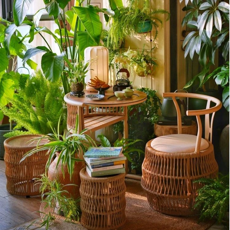 紫叶户外花雨间茶桌阳台茶桌椅组合小型简约藤编茶几家用茶台