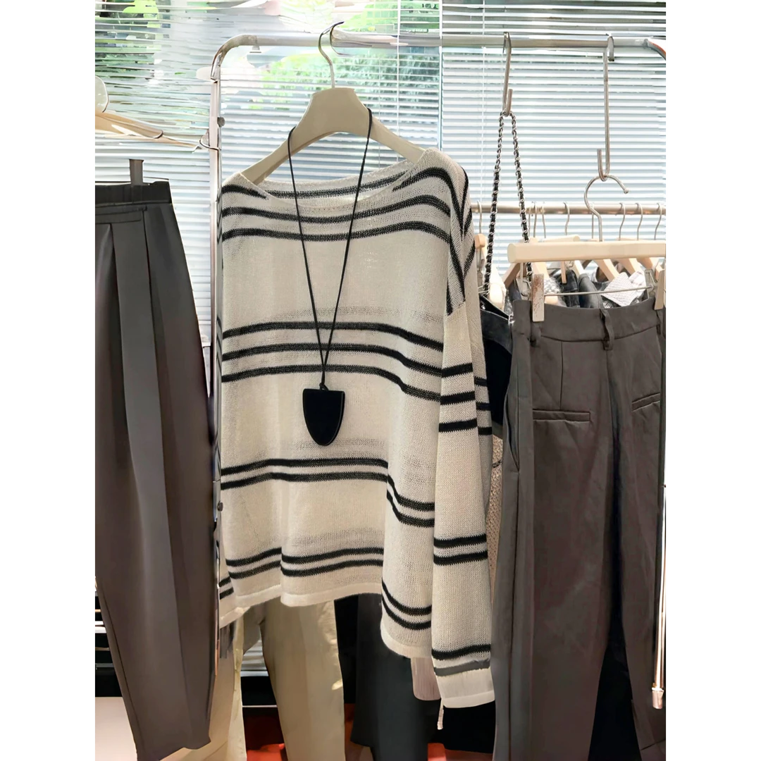 美爆了！墙裂推荐！！针织衫女松弛感一字肩宽松条纹长袖慵懒风上衣