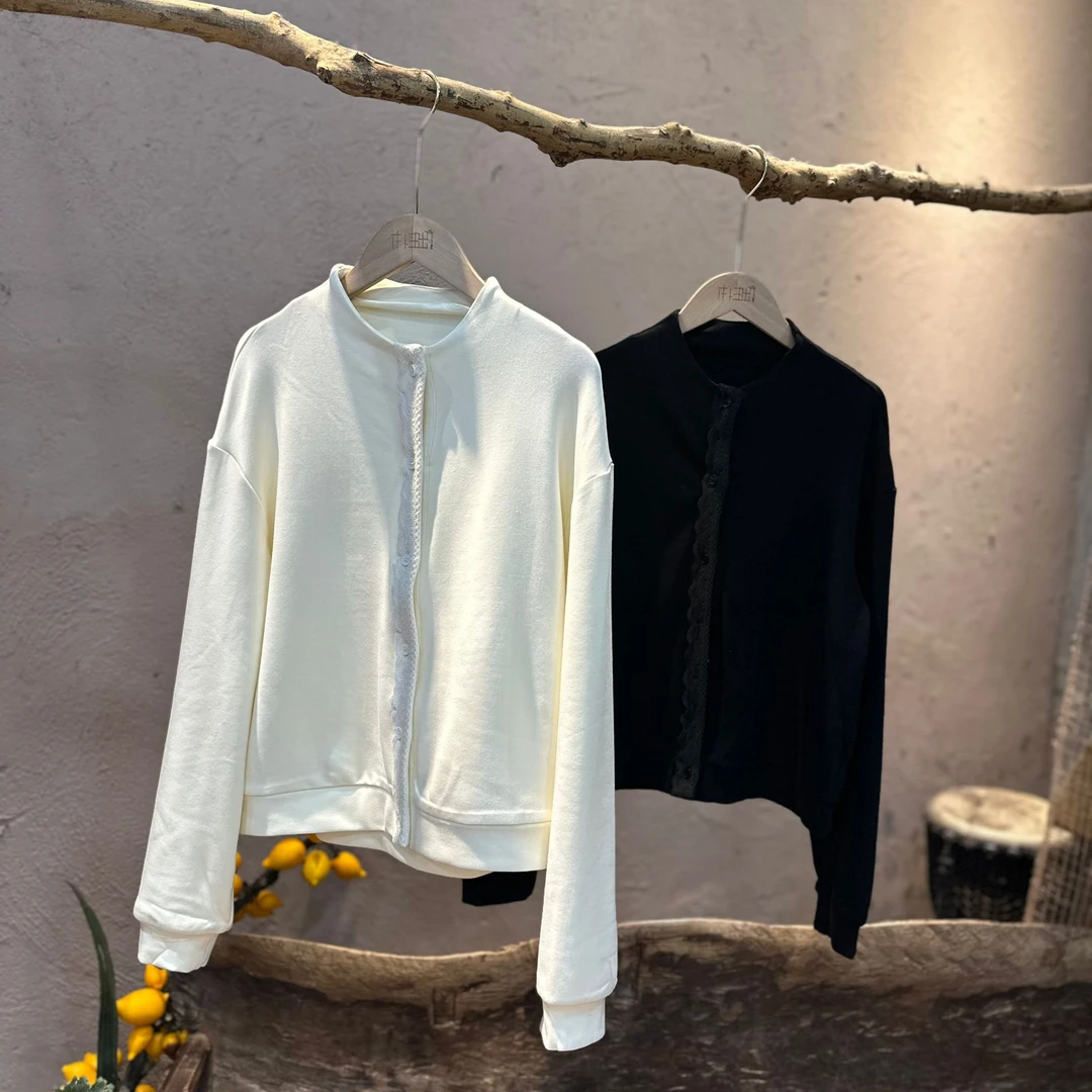 9275半隐微尘春季德绒纯色拼接休闲卫衣棉混纺短款百搭立领上衣