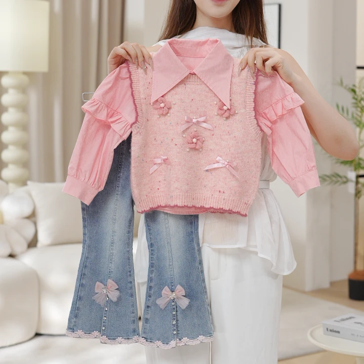 2025女童秋季粉色高级衬衫针织马甲上衣牛仔微辣裤套装QA30672