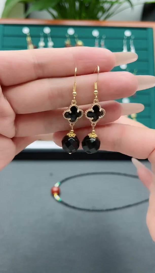 【闪购商品】黑曜岩耳饰银S925镀金镶嵌052