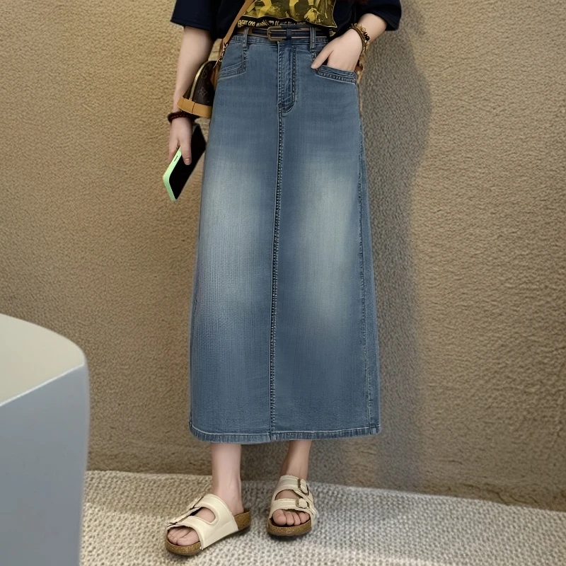 宿慕SUMU牛仔半身裙女2025新款秋季韩版时尚百搭薄款牛仔开叉裙子