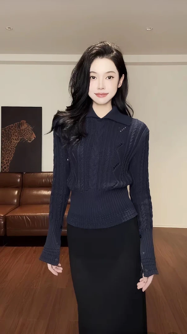 2025秋冬新款秋季翻领麻花下摆收腰显瘦百搭针织上衣毛衣女H8-98