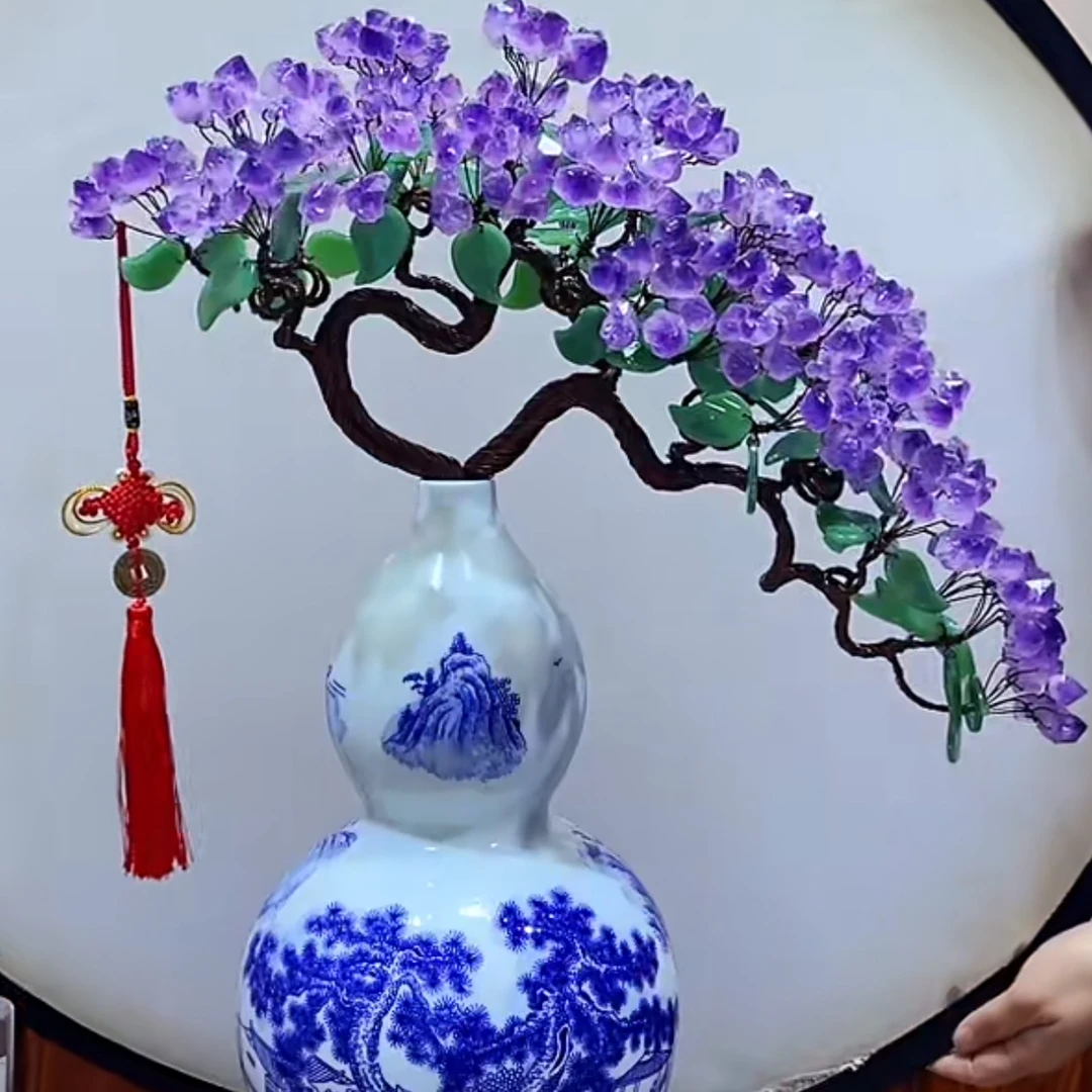 【卓越轻奢原创】青花瓶紫水晶招财百搭葫芦福禄陶瓷摆件纯手工