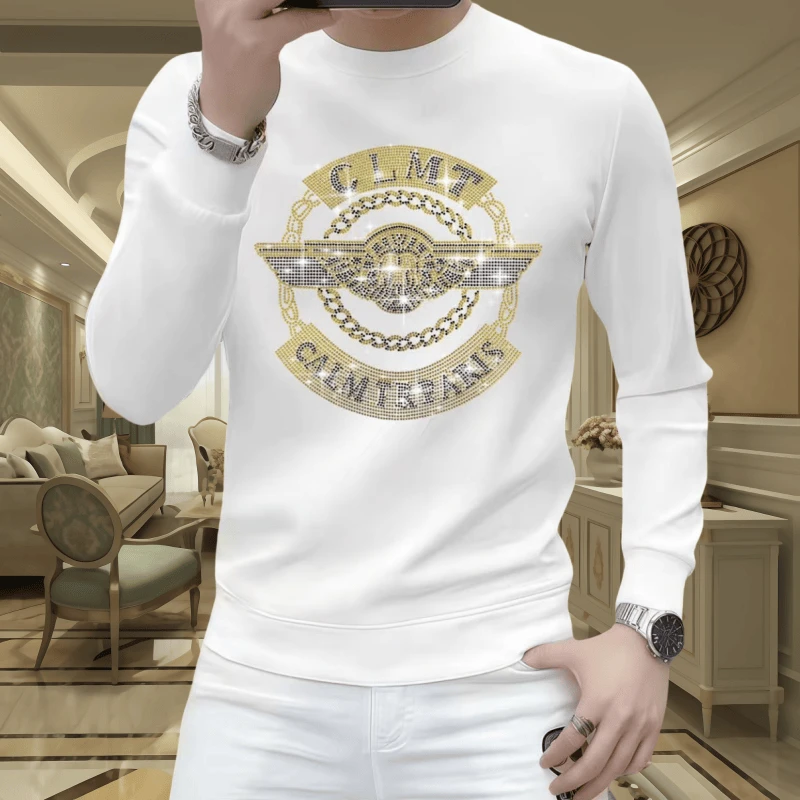 秋冬季重工烫钻休闲修身男士长袖卫衣时尚百搭潮流圆领帅气外套男