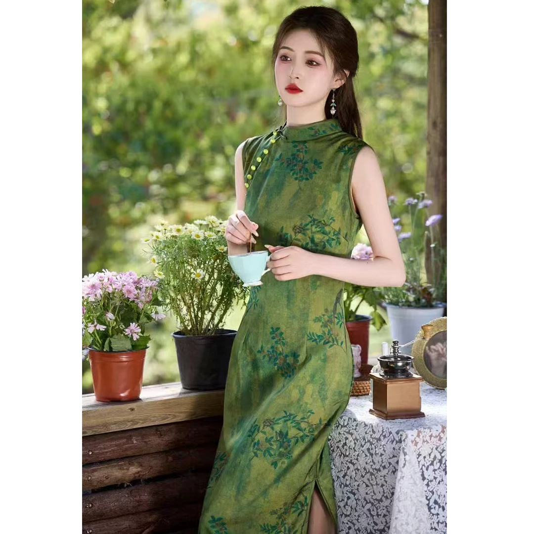 苏故里【春未绿】植物花卉无袖低领日常新中式旗袍时尚绿色