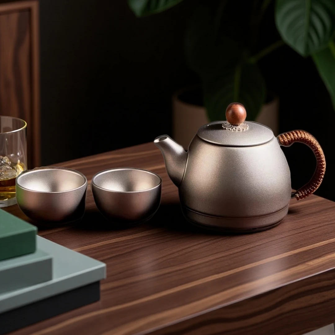 纯钛旅行套装茶具纯钛功夫茶具冰花茶喷砂家用户外钛结晶钛泡茶壶