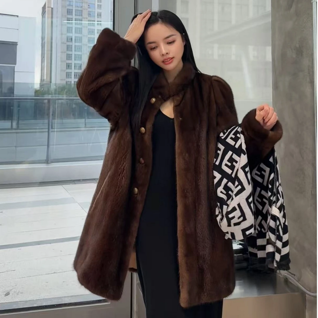 梵琴黛复古风！！新款进口丹麦双紫标短二整貂中长款小母貂皮草外套