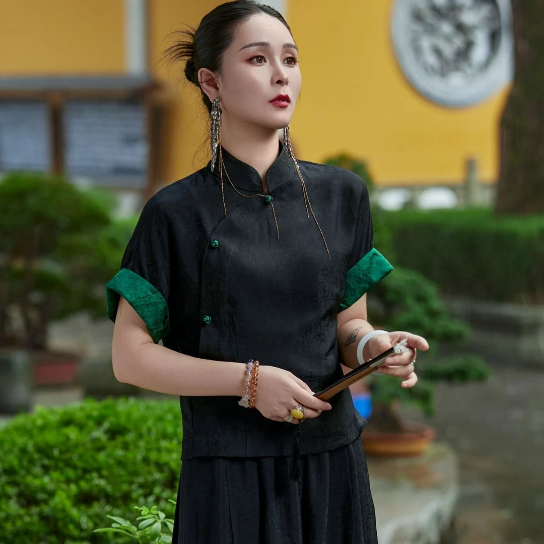 【一代宗师】新中式立领半袖龟裂纹圆领T恤衣服女装休闲短袖