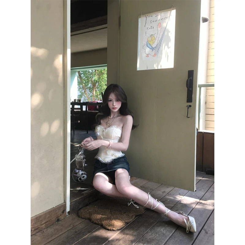 辣妹纯欲穿搭女士夏季韩版显瘦立体花朵小众上衣性感包臀牛仔短裙