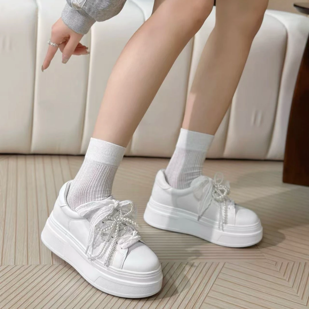 LI AJIGIRL/阿吉女·原创设计 珍珠蕾丝蝴蝶结小白鞋#XL9807-3