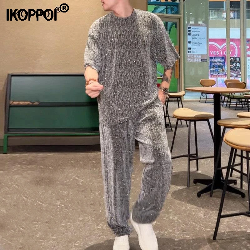 休闲运动套装男士夏季短袖裤子搭配满天星烫钻宽松弹力时尚两件套