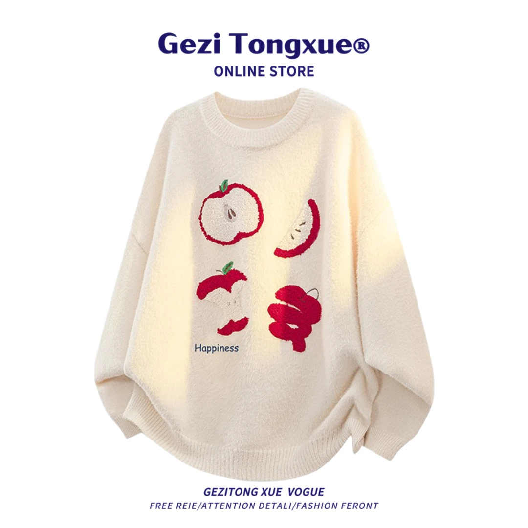 美式复古毛巾刺绣小苹果提花圆领小众毛衣男女秋季针织衫宽松上衣