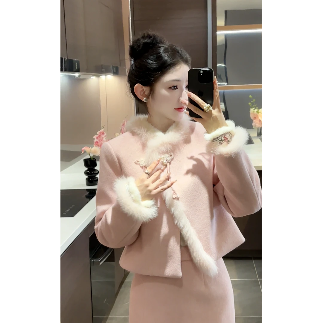 【周粥】【桃花诺】新款90白鸭绒狐狸毛温柔风套装预D3TZ4566