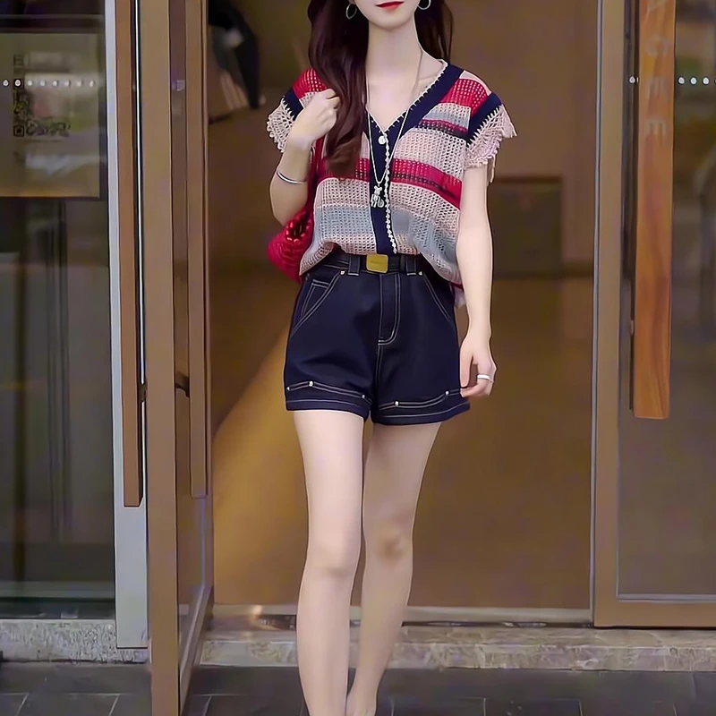 夏季一整套女装2026新款韩版时尚减龄遮肚短袖上衣牛仔短裤两件套