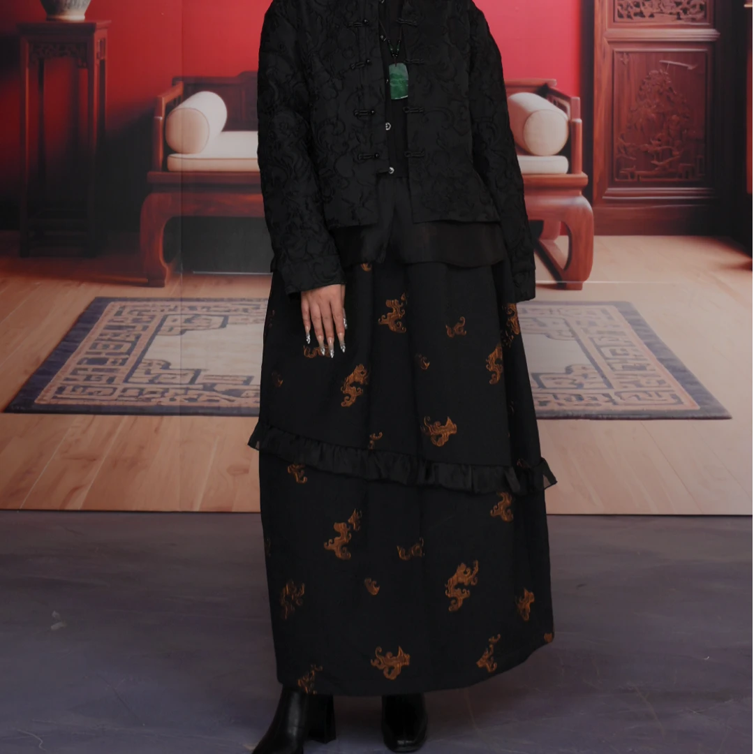 L25-Q078【踏莎行】半身裙中国风秋冬新款花苞裙显瘦舒适绣花提花