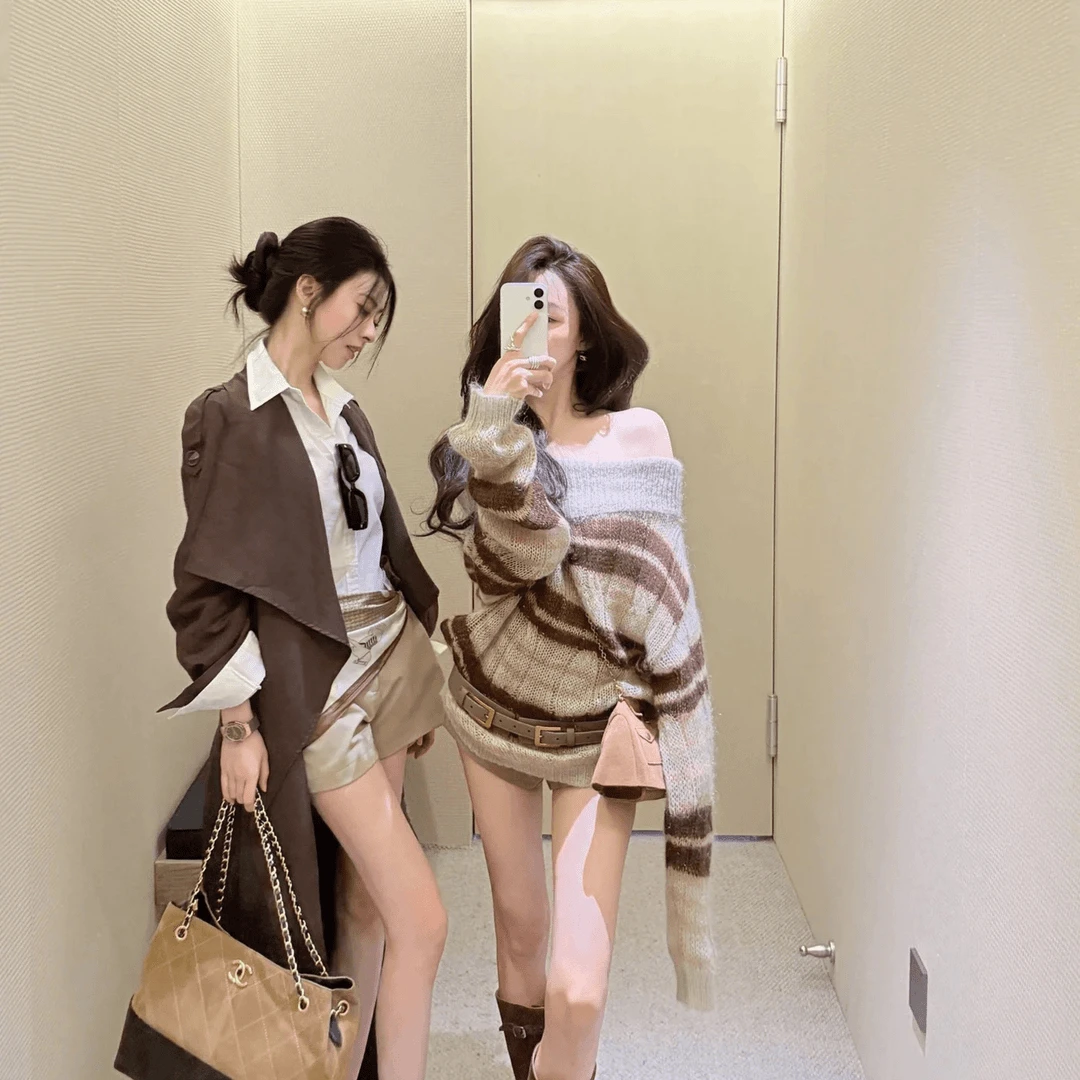 针织衫女韩系氛围感早秋穿搭条纹一字肩早秋季慵懒高级感宽松毛衣