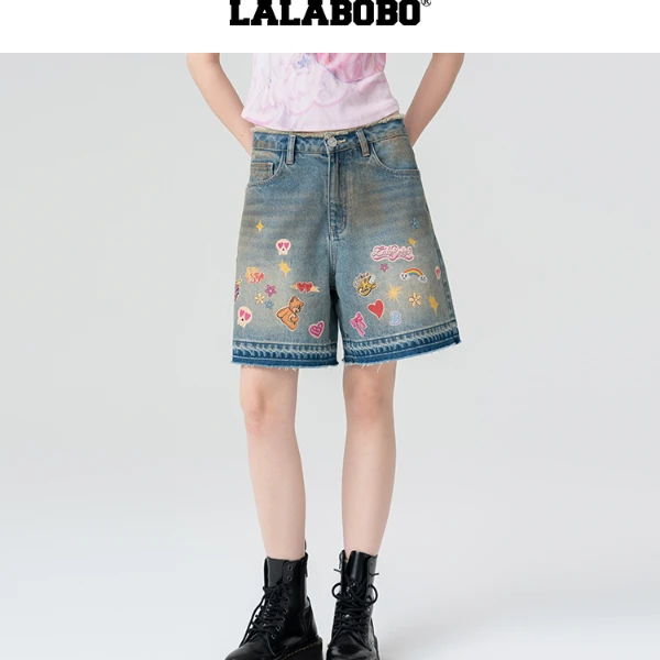 LALABOBO2025春款新款涂鸦休闲时尚潮流印花牛仔短裤LBEA-WXZD12