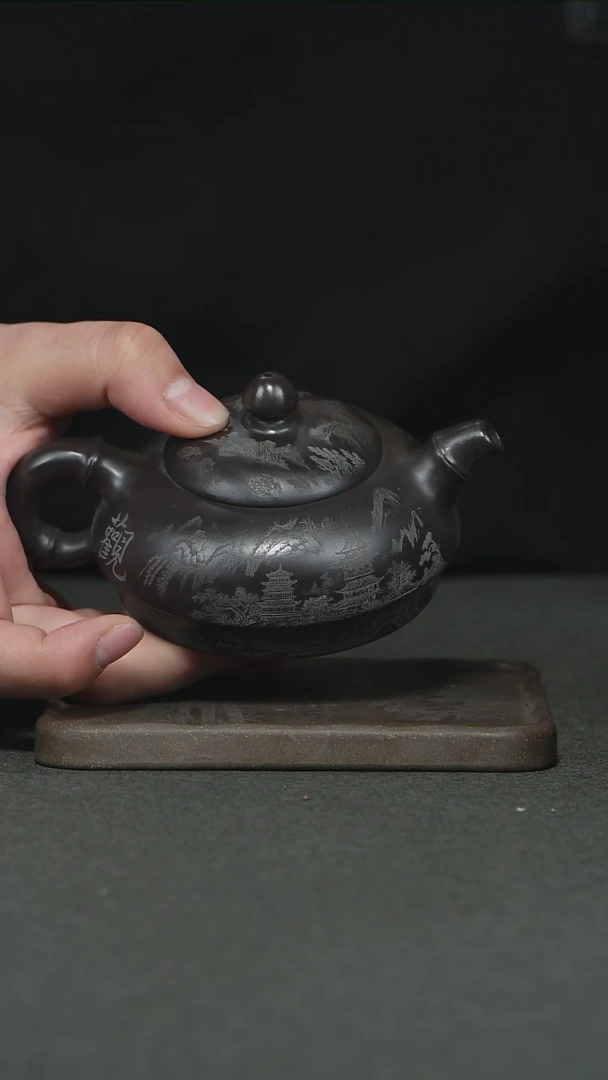 【闪购商品】紫砂茶杯石黄刻绘山水茶壶