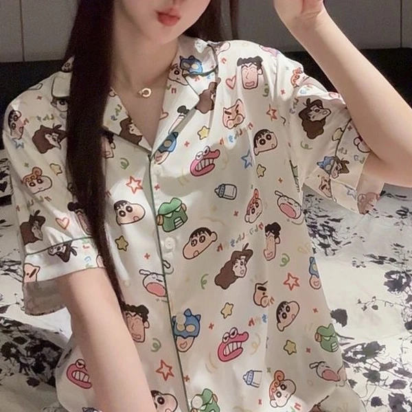 蜡笔小新短袖三件套卡通睡衣夏季可外穿柔光软丝家居服