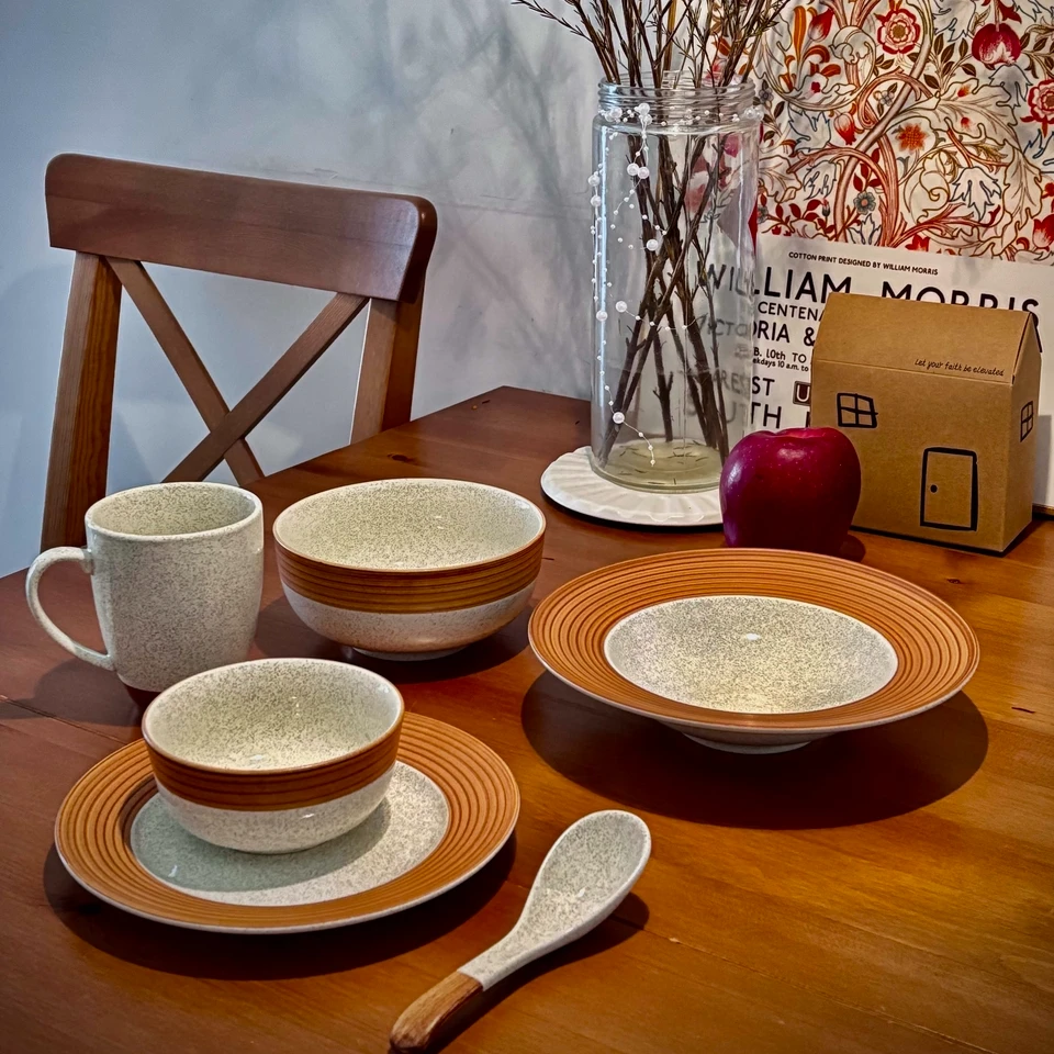 【券】I&H 松露白木纹/松石绿一人食陶瓷餐具碗盘碟套装6件套