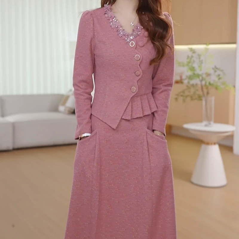 B199【上衣+半身裙】2025秋季新款女神范优雅搭配围巾显瘦套装裙