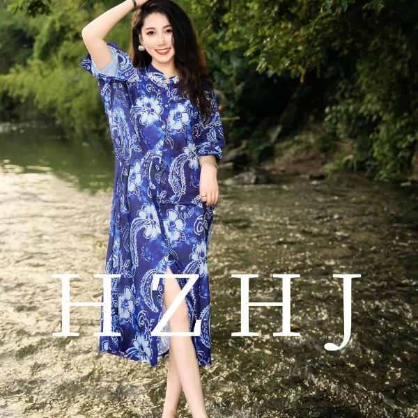 HZHJ原创设计师款 深海蓝花连衣裙 长袖显瘦高级洋气轻奢2103