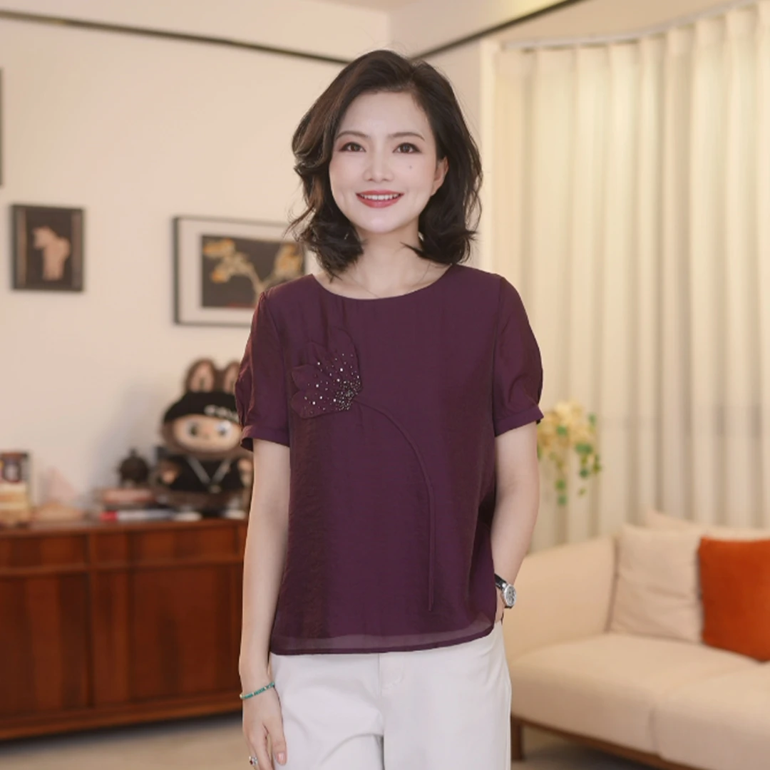 枫竺阿楠anan  圆领立体钉珠花朵短袖衬衫女夏季新款百搭上衣