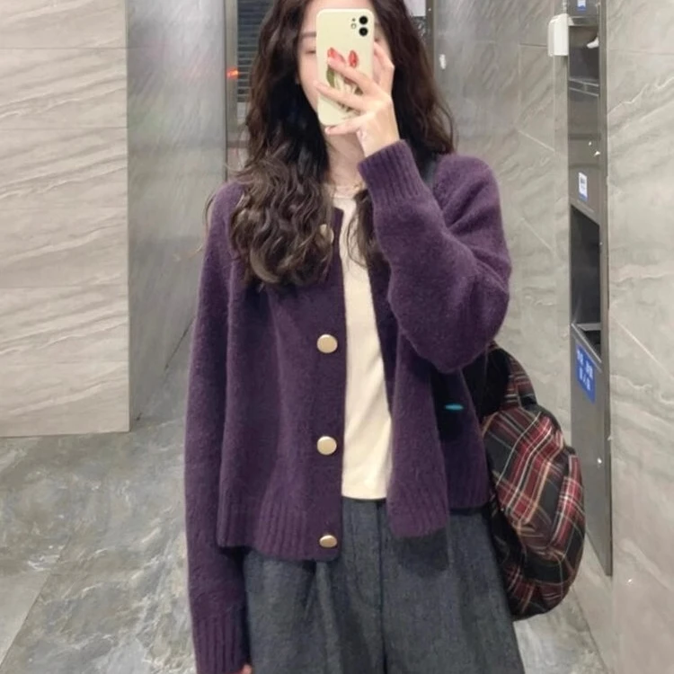 超好看紫色毛衣开衫女2025新款秋冬季慵懒高级感宽松针织外套上衣