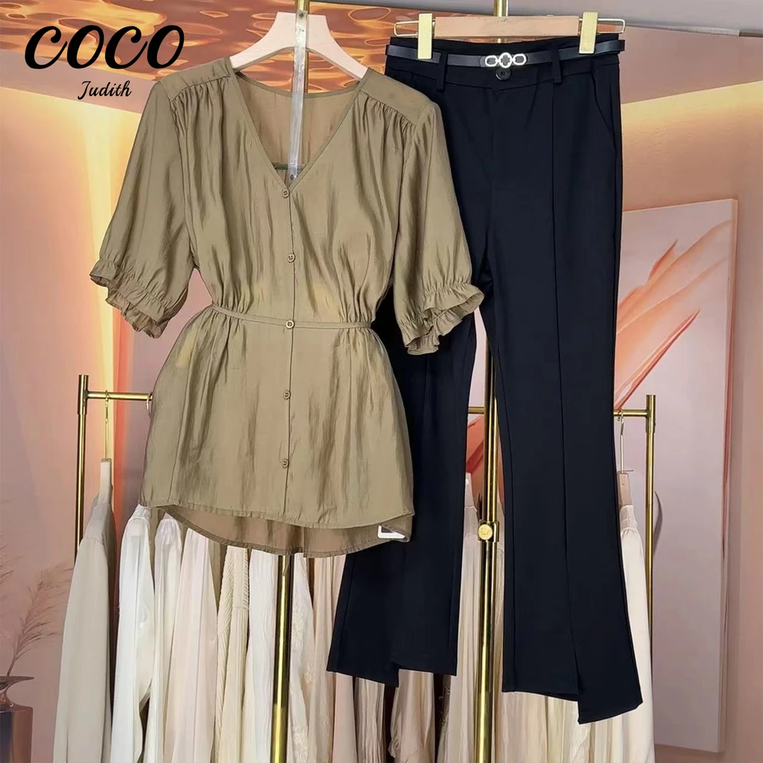 现货【RG205】2025年设计师褶皱木耳边套装显瘦新款休闲裤女装套装