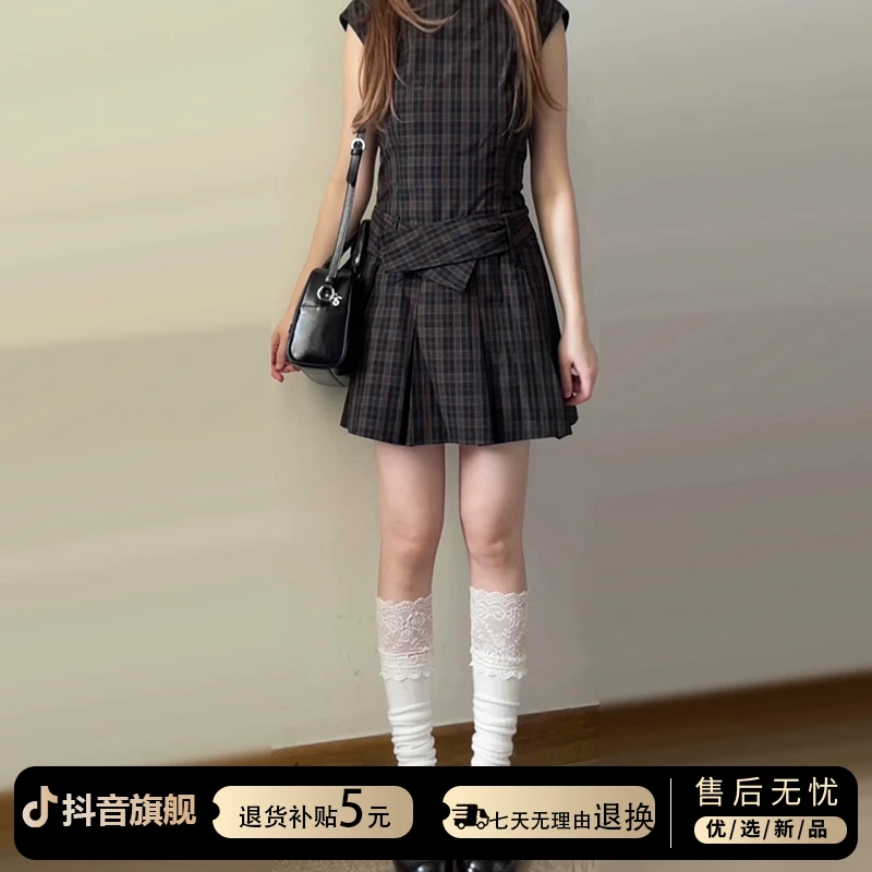 小个子法式格子无袖背心连衣裙子女夏季2025新款韩系穿搭气质短裙