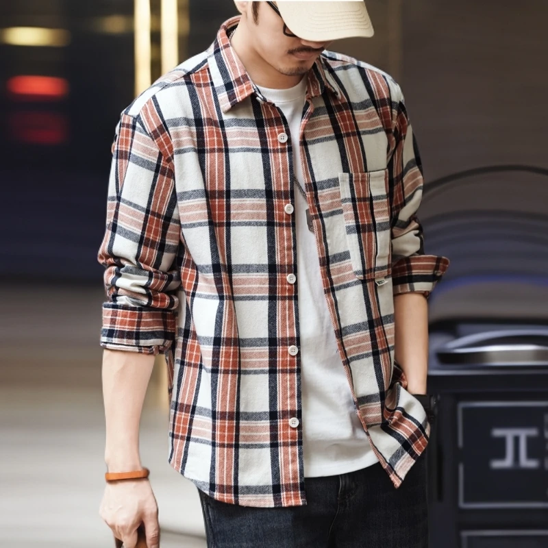 高品质美式复古长袖格子衬衫男秋季潮流宽松纯棉工装休闲衬衣外套