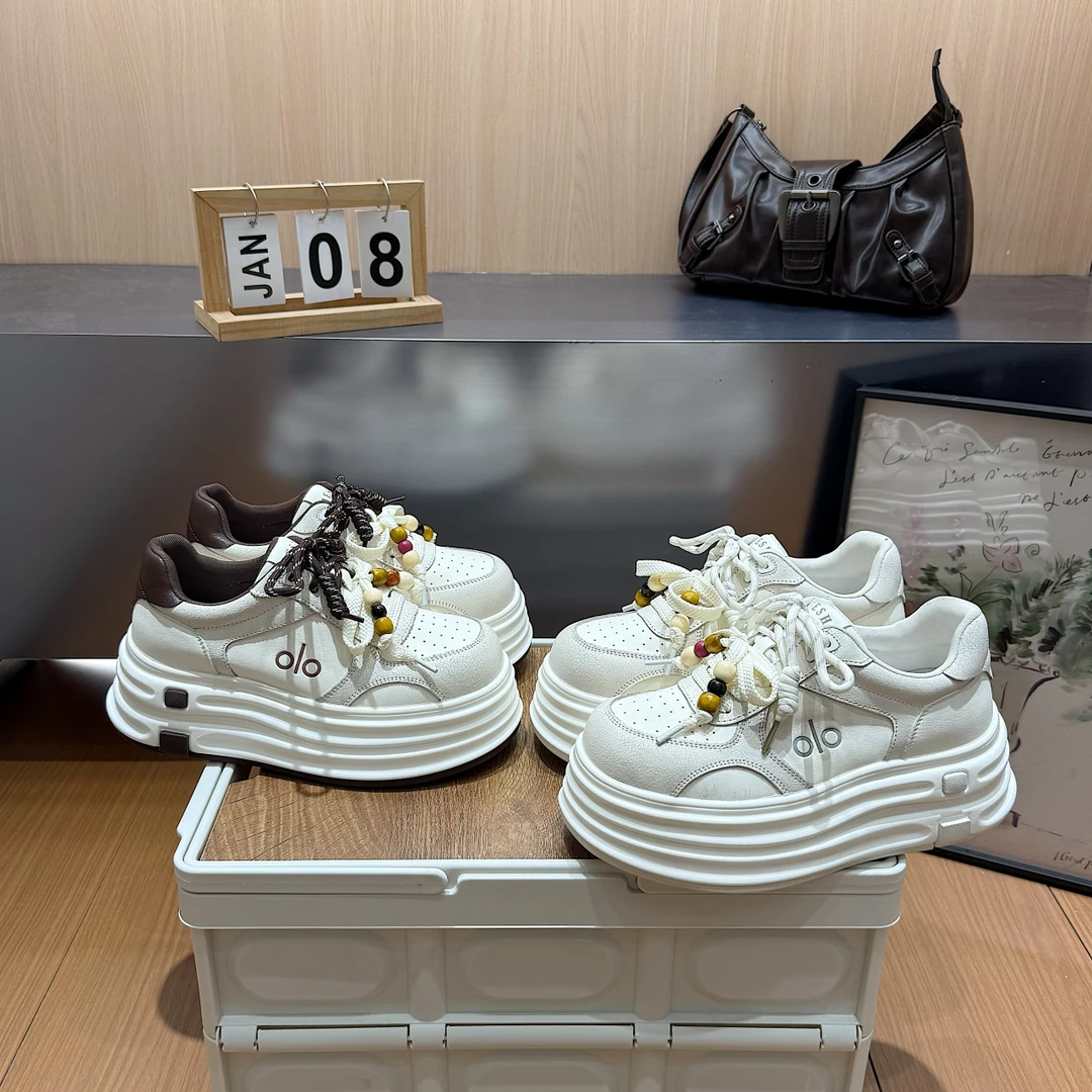 真皮串珠流苏系带厚底松糕小白鞋休闲运动鞋板鞋小个子面包鞋女鞋