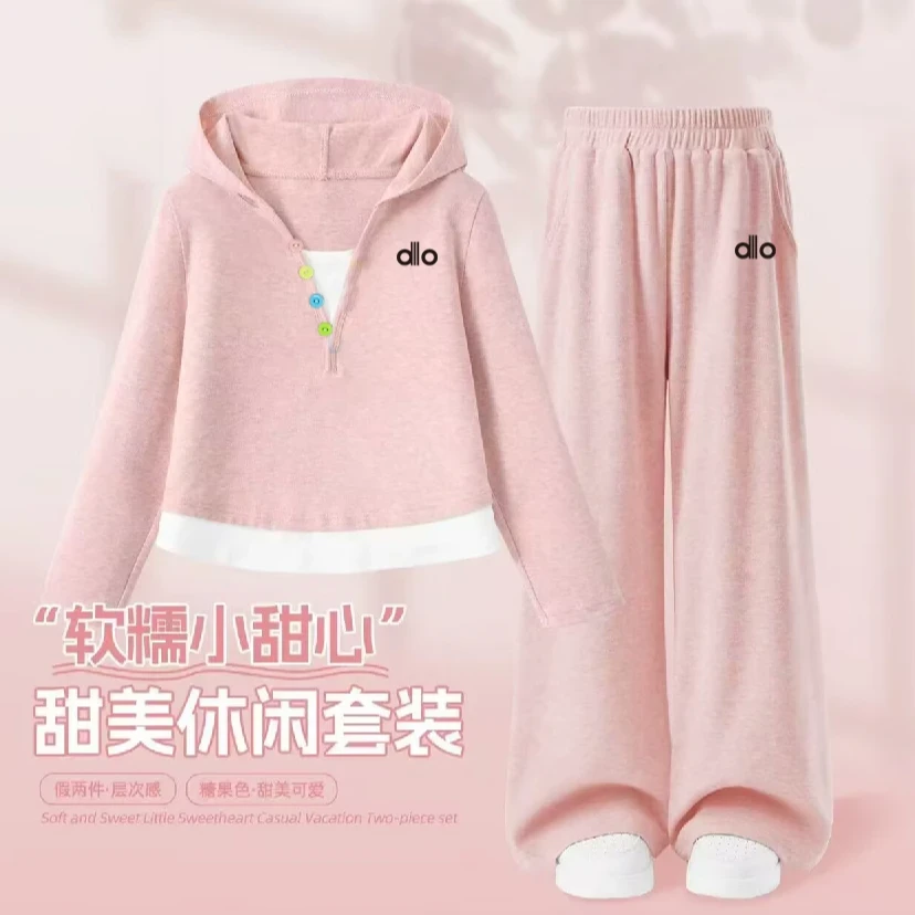 儿童春秋季套装女童连帽假两件上衣宝宝洋气字母休闲裤女宝两件套