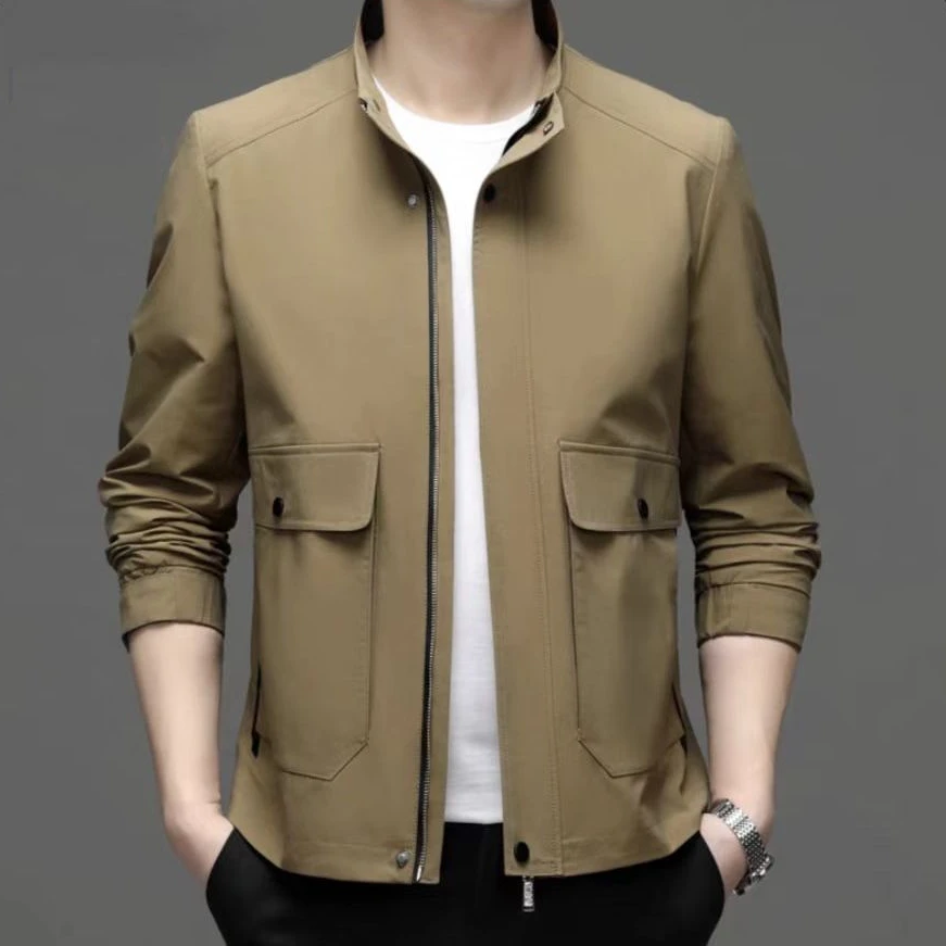 千柏年夹克男士春季新款工装立领休闲外套中年商务翻领夹克