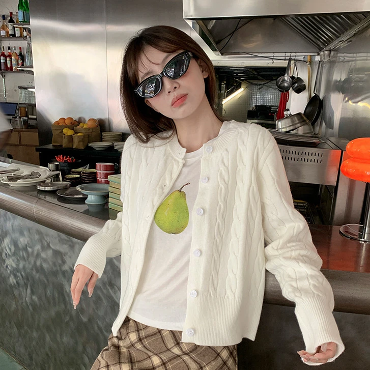 白色针织毛衣女外搭2025年秋季新款圆领开衫设计感打底上衣