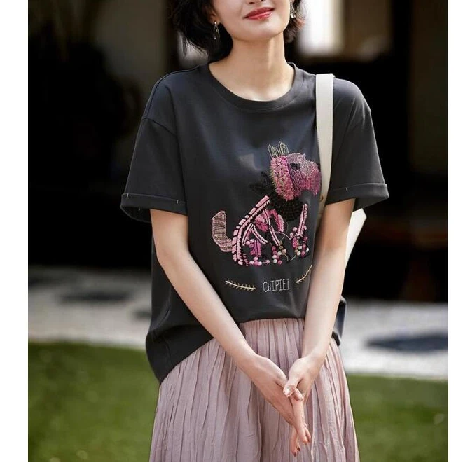 D-1479重工刺绣 百搭长绒棉宽松短袖T恤女2303