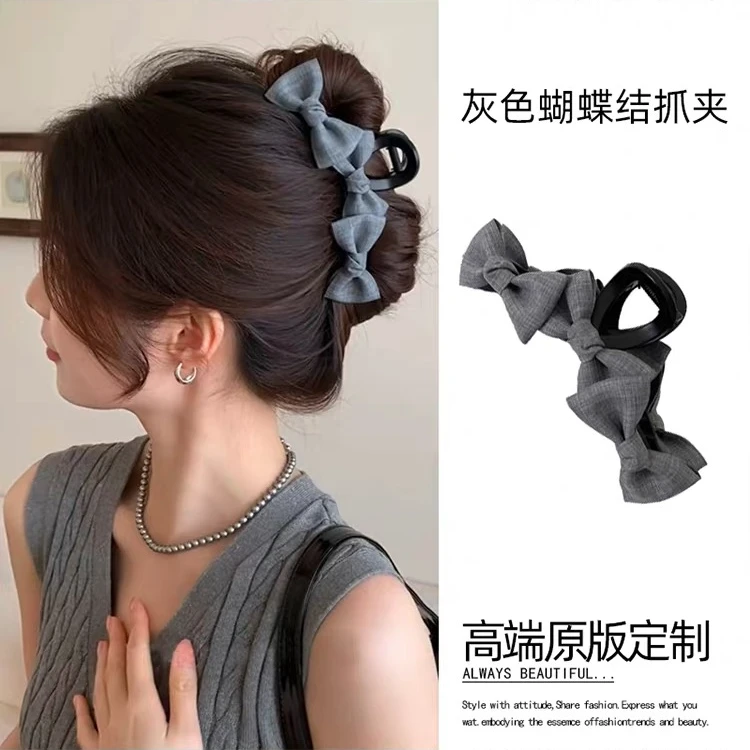 灰色蝴蝶结抓夹女高级感2025新款发夹后脑勺饱满大号鲨鱼夹子头饰