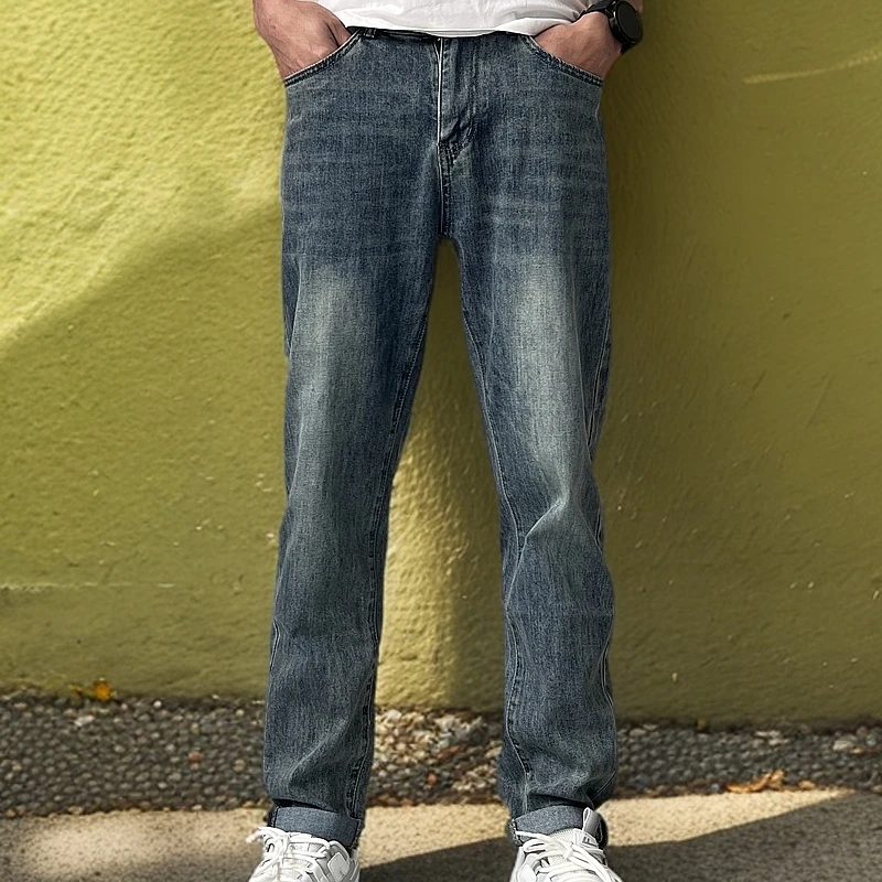 复古美式牛仔裤修身微弹棉直筒潮流百搭男士小众ins高街潮牌弹力