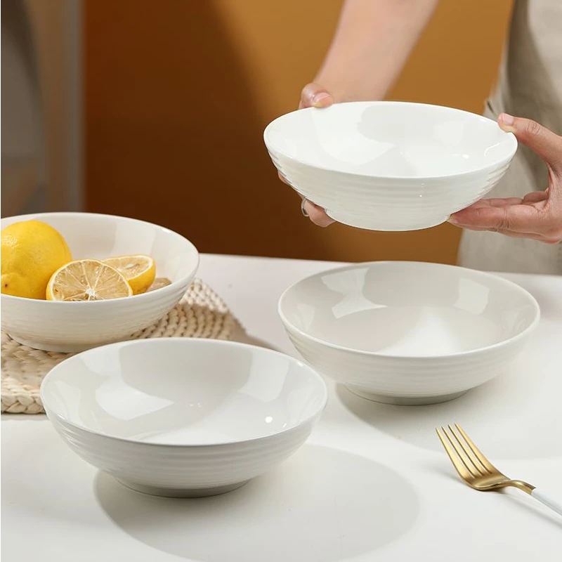 4个7.25英寸横纹面碗汤碗纯白家用陶瓷餐具